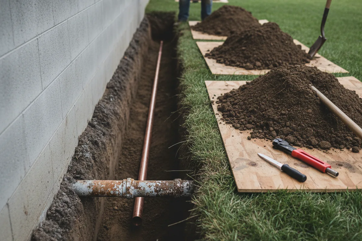 Excavated water line trench during Water Heater Repair in Bagdad